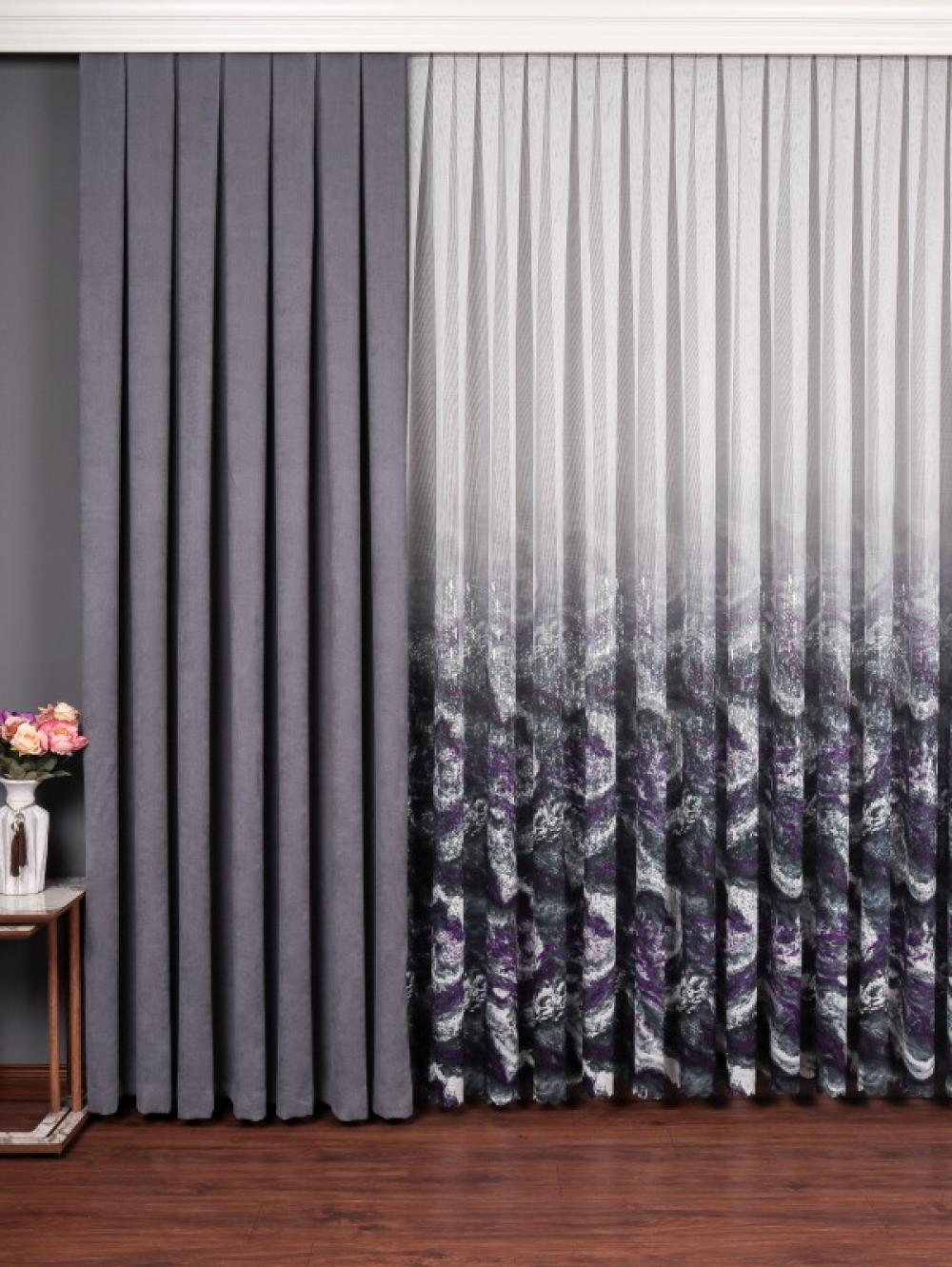 Lavanta Dumanı: Pliton Örme Tül Perde (Mor Gri Melanj)